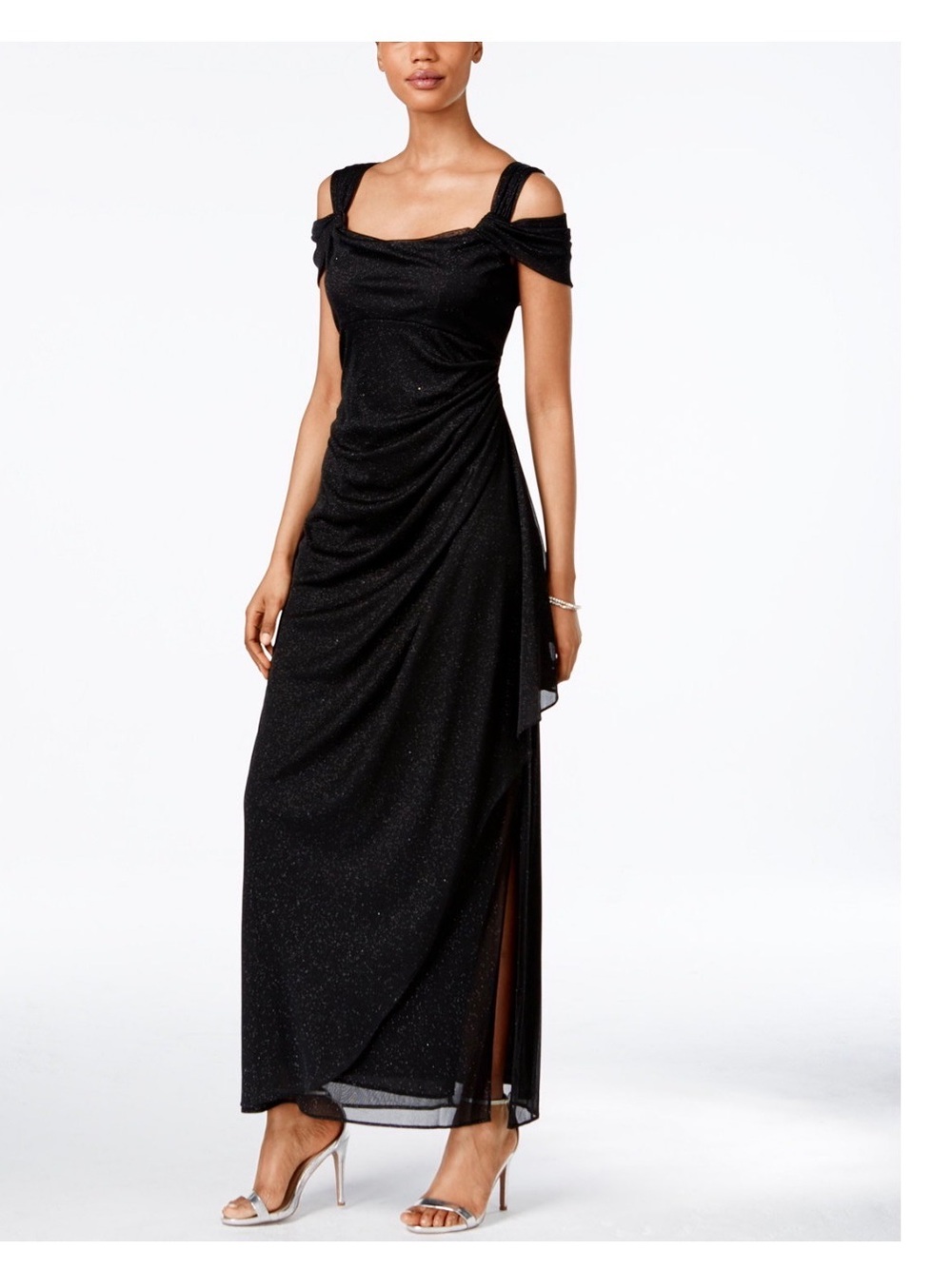 Alex Evenings Black One-Shoulder Evening Gown with Draped Detail